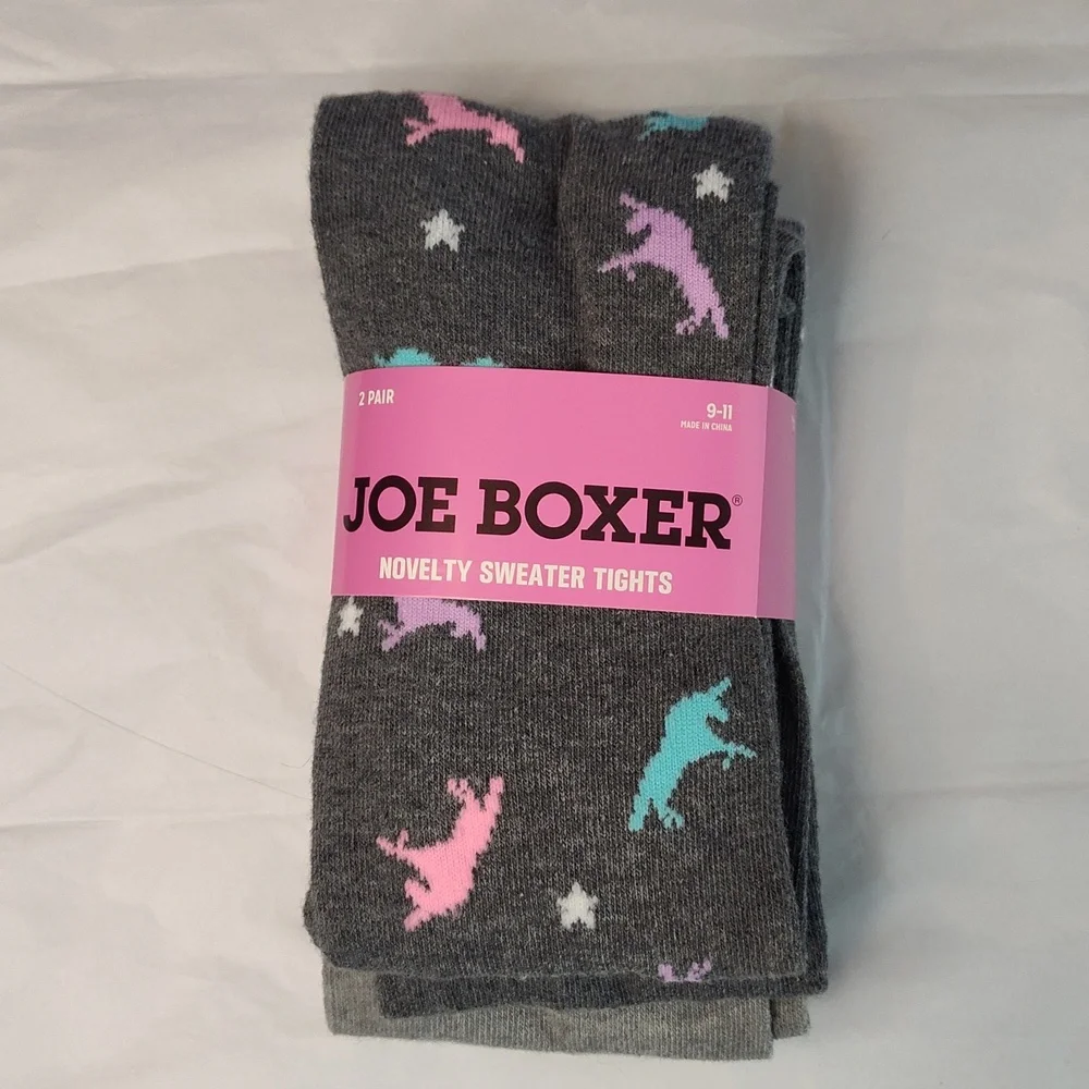 Joe Box Novelty Sweater Tights 2 Pairs Size 9-11 Unicorns Stripes Grey Gray